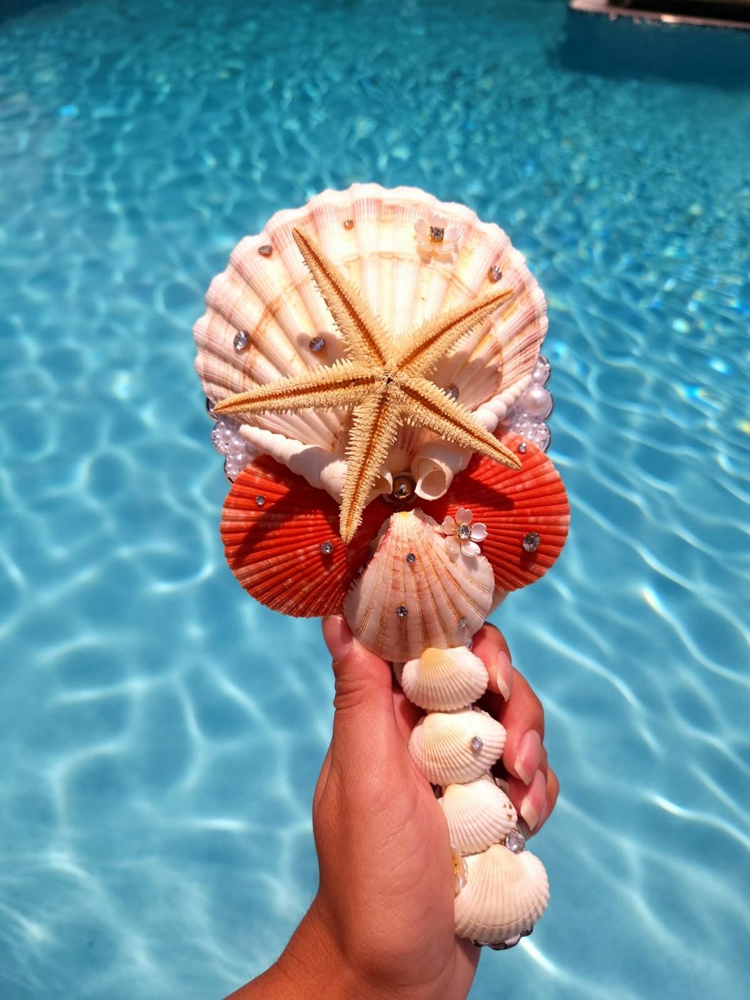 Espelho Reflexo do Oceano com estrela-do-mar, conchas alaranjadas e cabo de búzios